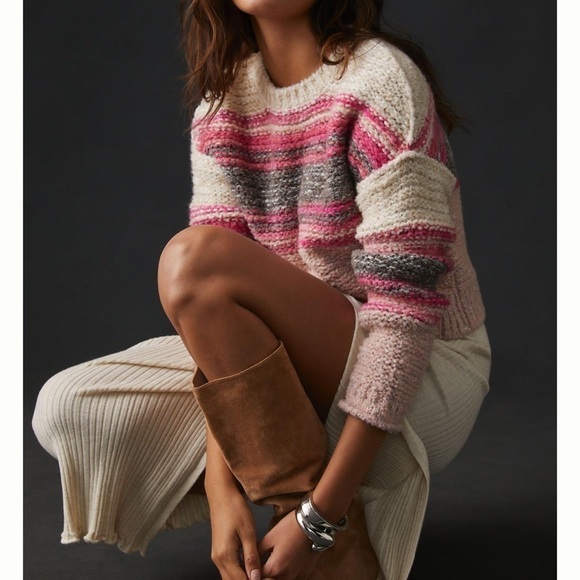 Anthropologie Pilcro Crewneck Pullover Sweater Pink Wool Stripe Chunky Knit - Picture 2 of 8